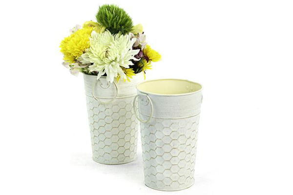 Antique White Honeycomb Tin Flower Bucket